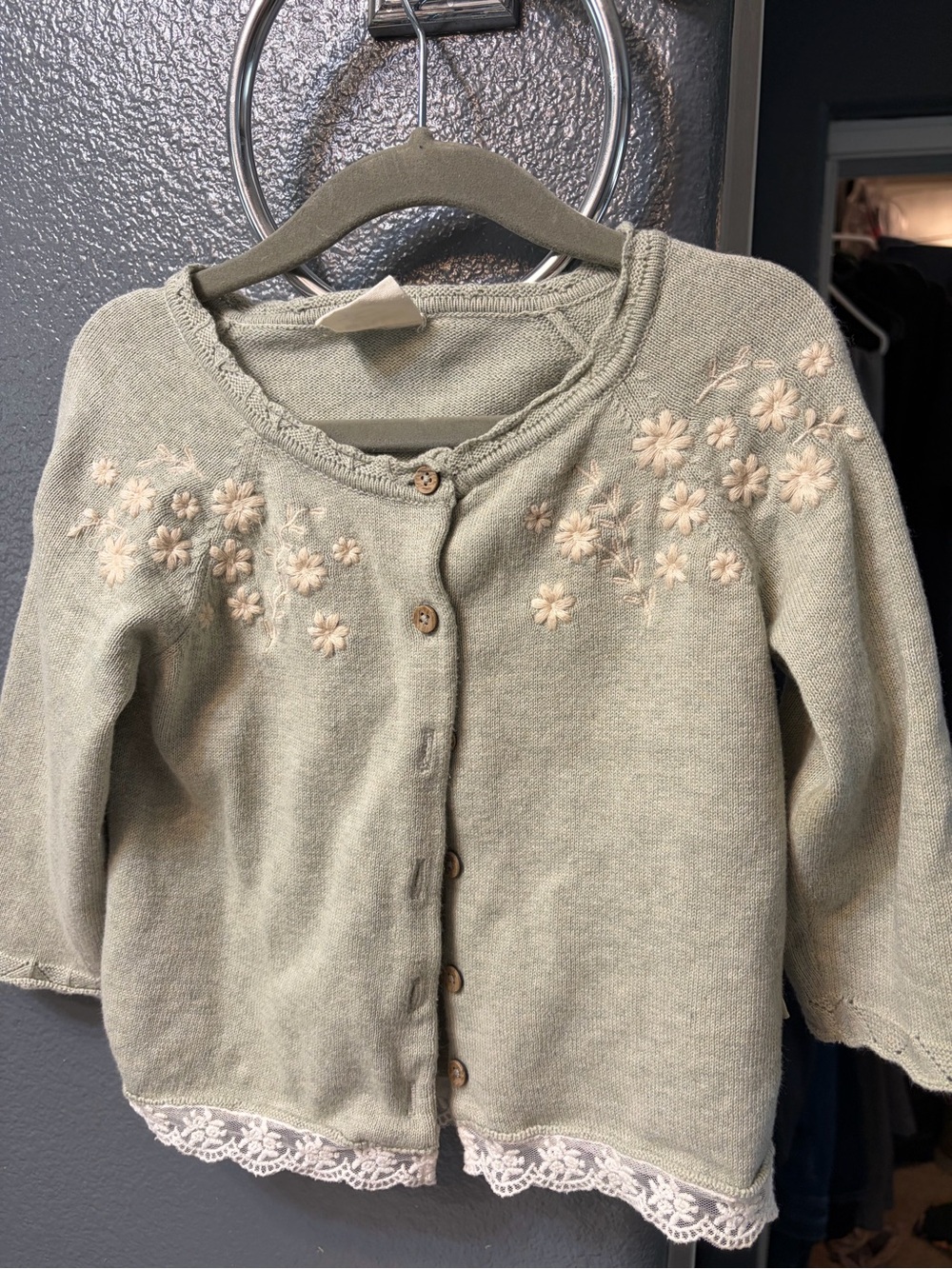 Embroidered Sage Green Cardigan with Lace Trim